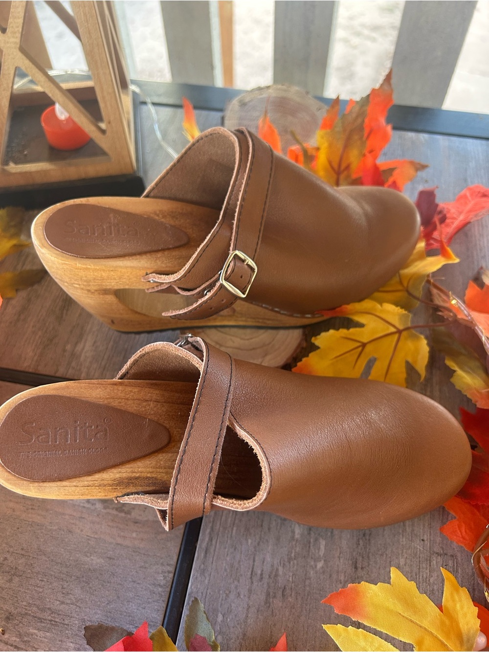 Sanita Brown Leather Clog Mules with Buckle Strap